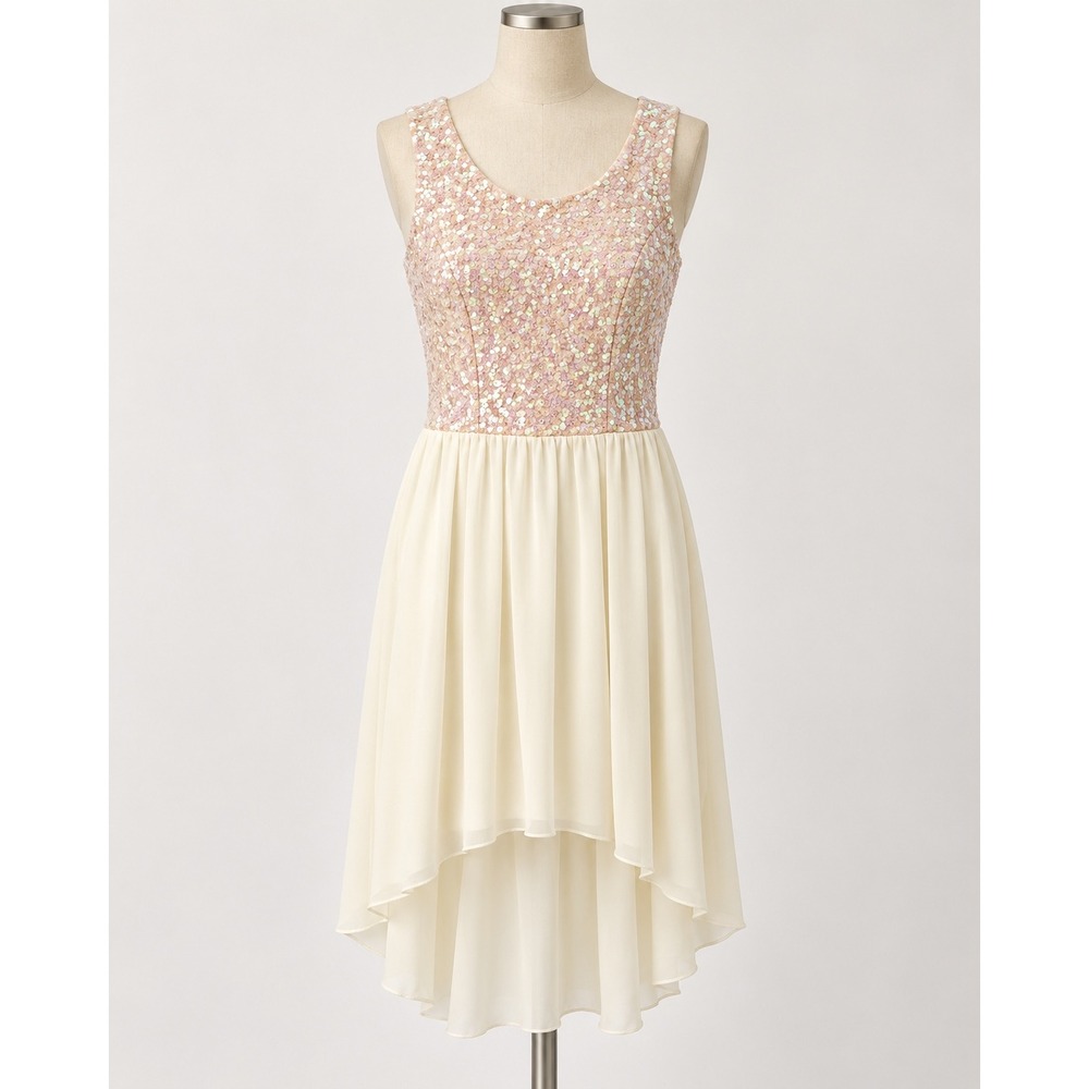Willa Pink Iridescent Sequin High-Low Dress Open Back Bow Cream Chiffon JD2984 S